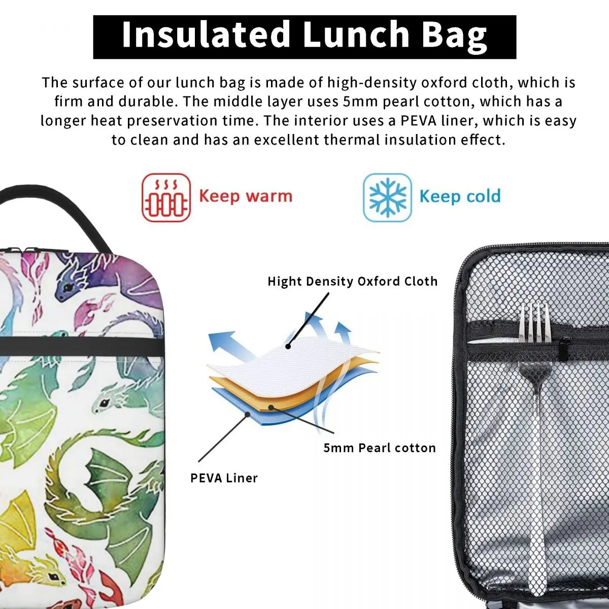 Dragon Fire Rainbow Insulated Lunch Bag for Women Kids Portable Food Boxes Thermal Lunch Box Tote