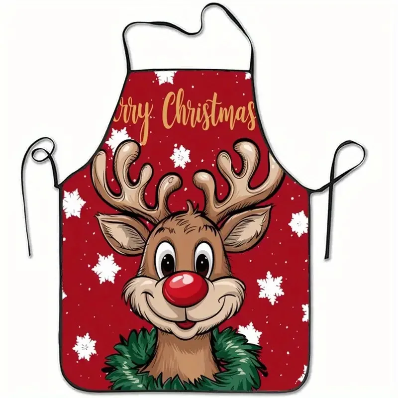 Of Festive Reindeer Christmas Apron - Sleeveless Made Of Polyester With 'Merry Christmas' Text Red Holiday Design For Baking And