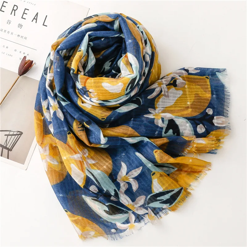 Women's winter scarf original design blue long lemon printed neck scarves woman autumn large scarf hijabs