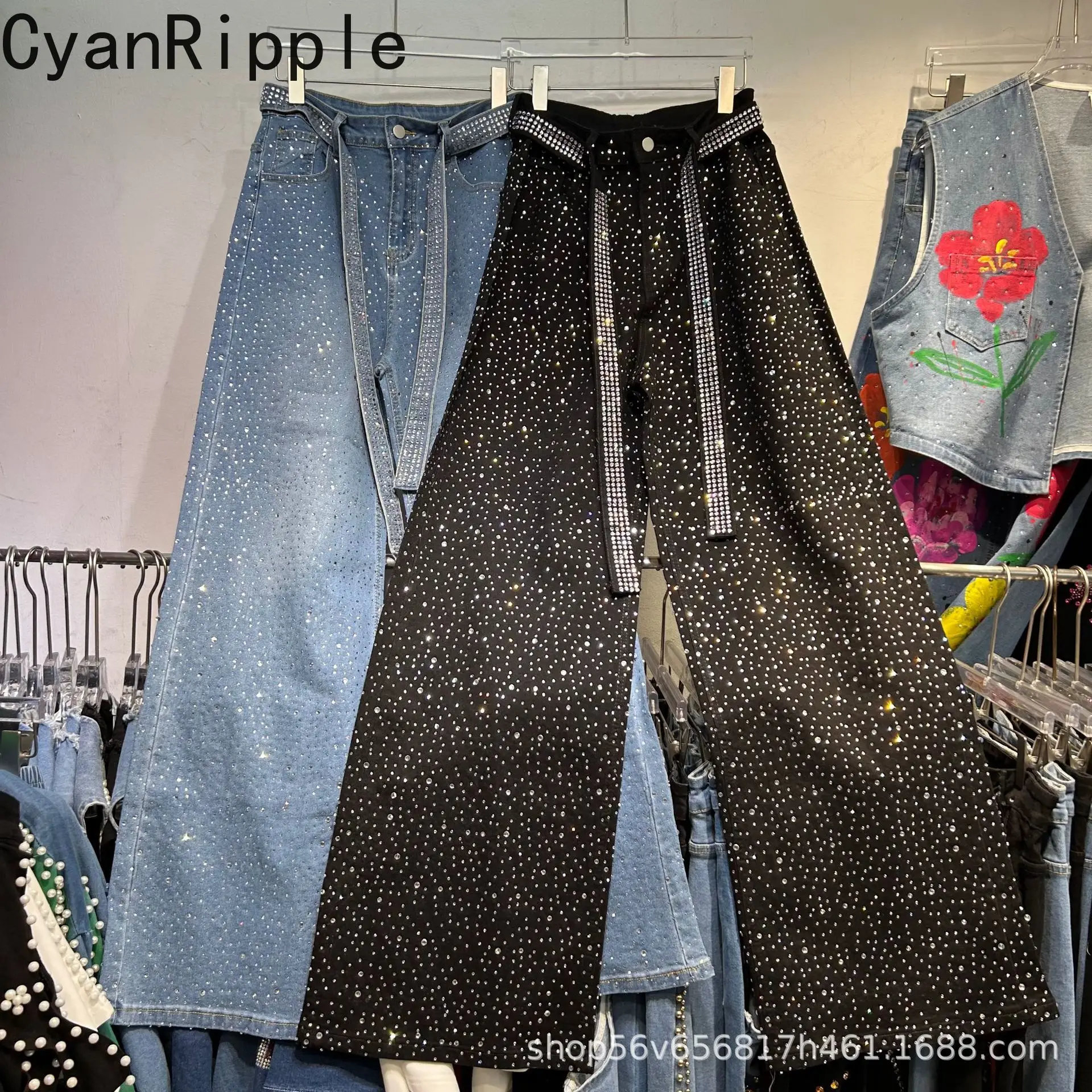 

Джинсы свободного кроя с полным декором из страз, новая весенне-осенняя коллекция, модные, с высокой талией, широкие, повседневные, джинсовые брюки 2026