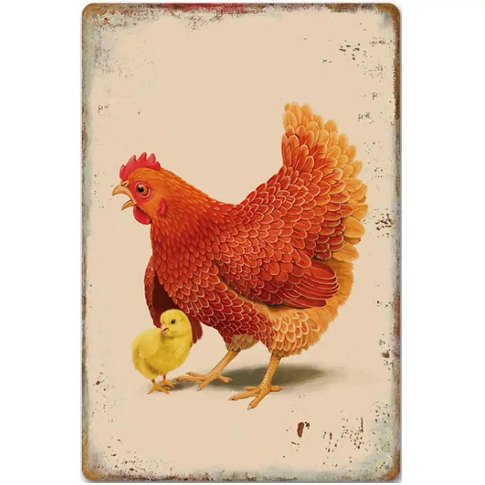 

Vintage Design Hen and Chicken Tin Metal Signs Wall Art | Thick Tinplate Print Poster Wall Decoration for Farm/Kitchen/Supermar