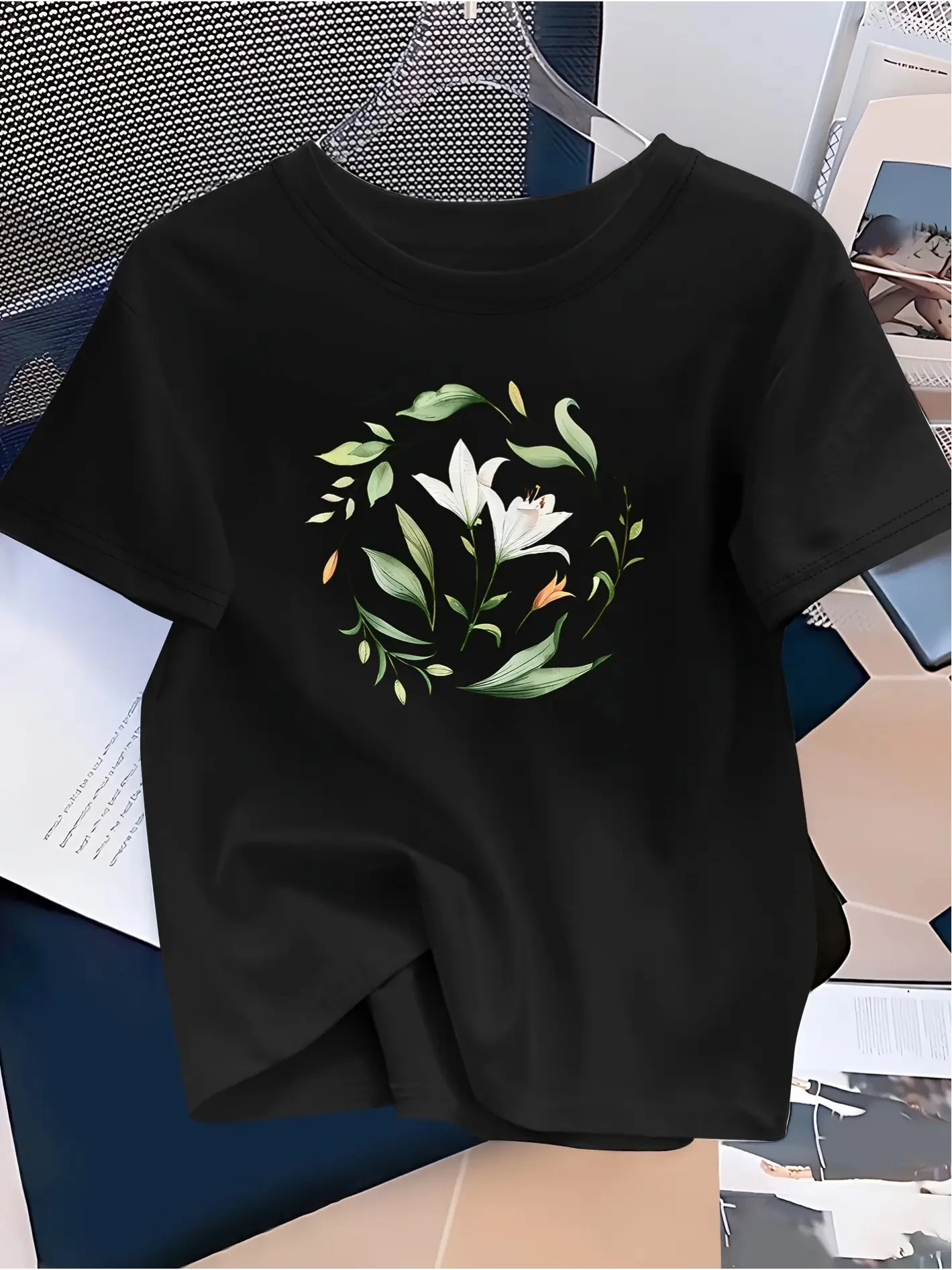 Women's Retro Botanical Print White Floral Green Leaf Short Sleeve Round Neck Top Short Sleeved Harajuku Streetwear Tops Tees