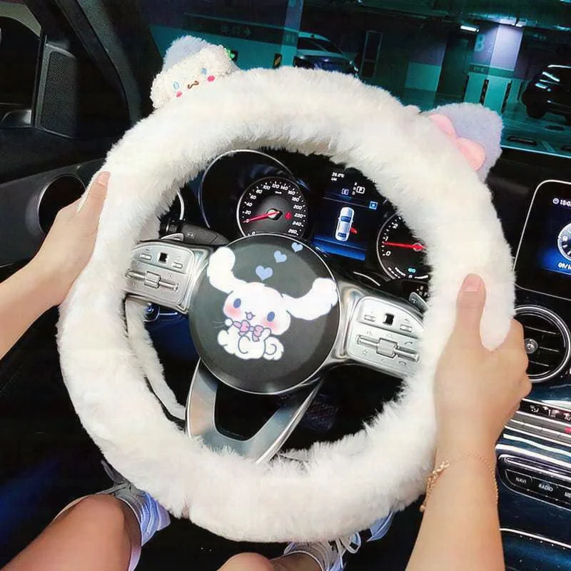 Anime Sanrio Car Decoration Steering Wheel Cover Hello Kitty Melody Cinnamorol Kuromi Plush Soft Cartoon Cute Car Accessories