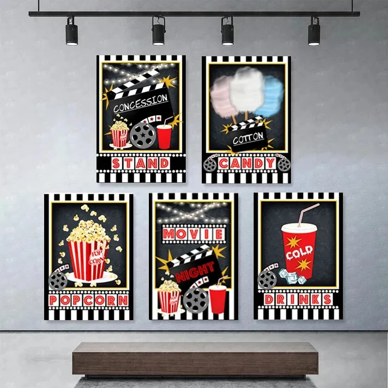 Film Nacht Party Logo Poster Theater Wand Kunst Bilder Popcorn Film Zeichen Leinwand Malerei Kino Kunstdrucke Moderne Wohnkultur