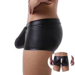 PU Leather Men's Boxer Shorts Sexy Big Penis Pouch Gay Underwear Low Waist Buttons Back Open Erotic Boxers Hollow Out Underpants