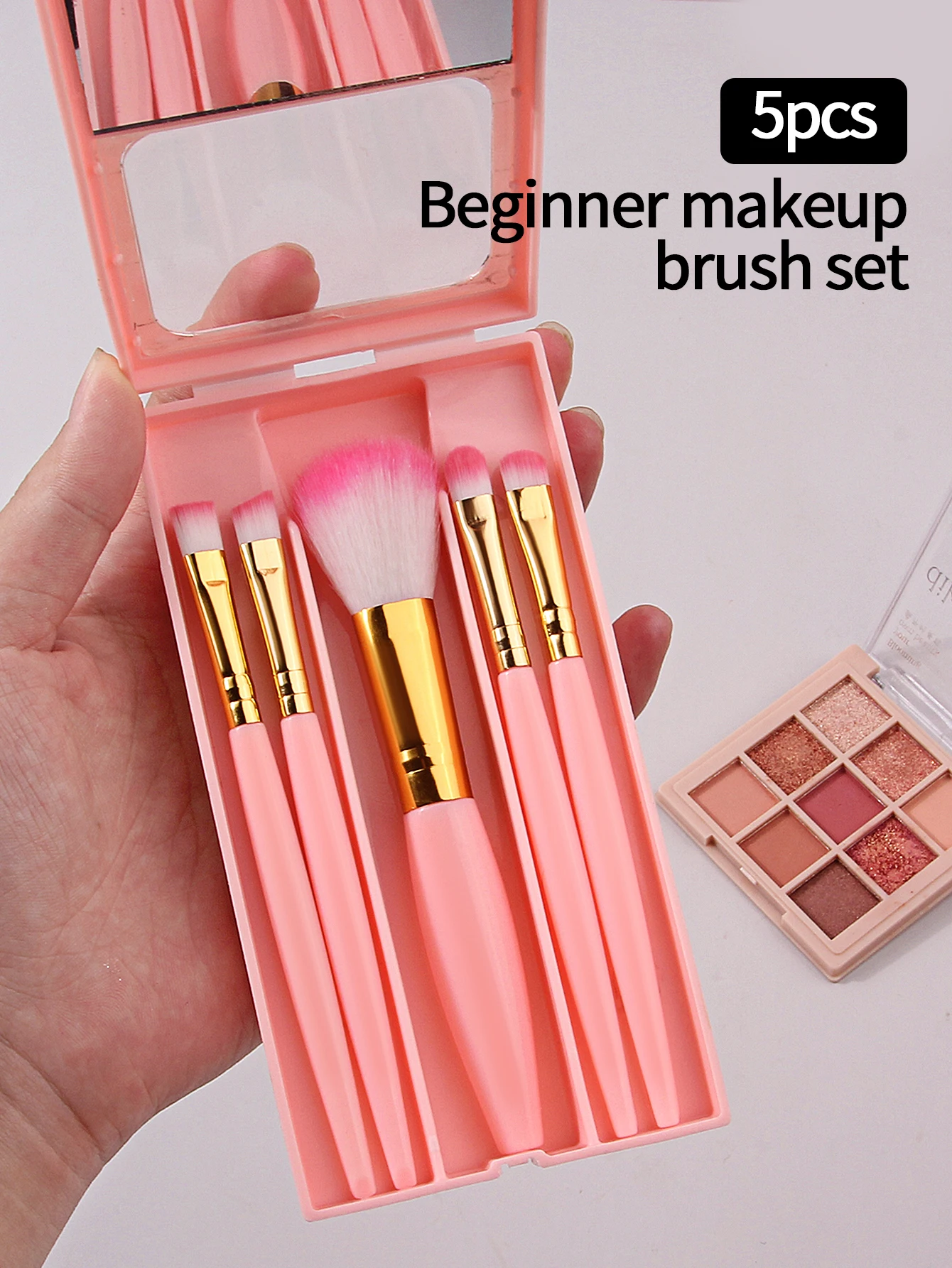 5 pçs mini conjunto de escova de maquiagem de viagem com caixa de armazenamento de espelho, escova de blush de cerdas macias, pincel de sombra, pincel labial e pincel corretivo
