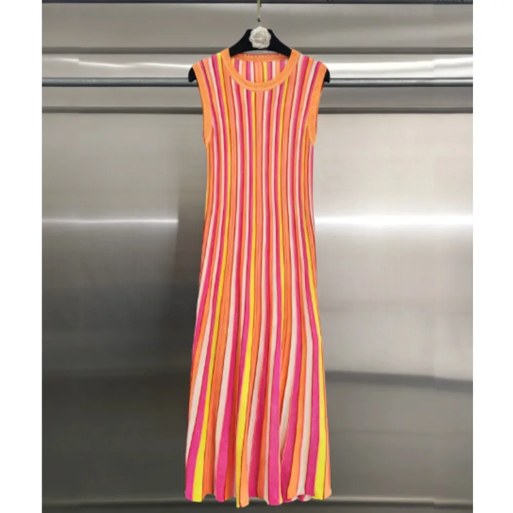 

High Street Dresses Summer Women's Round Neck Sleeveless Slim Fit Mid Length Striped Knit Slim Bodysuit Dress