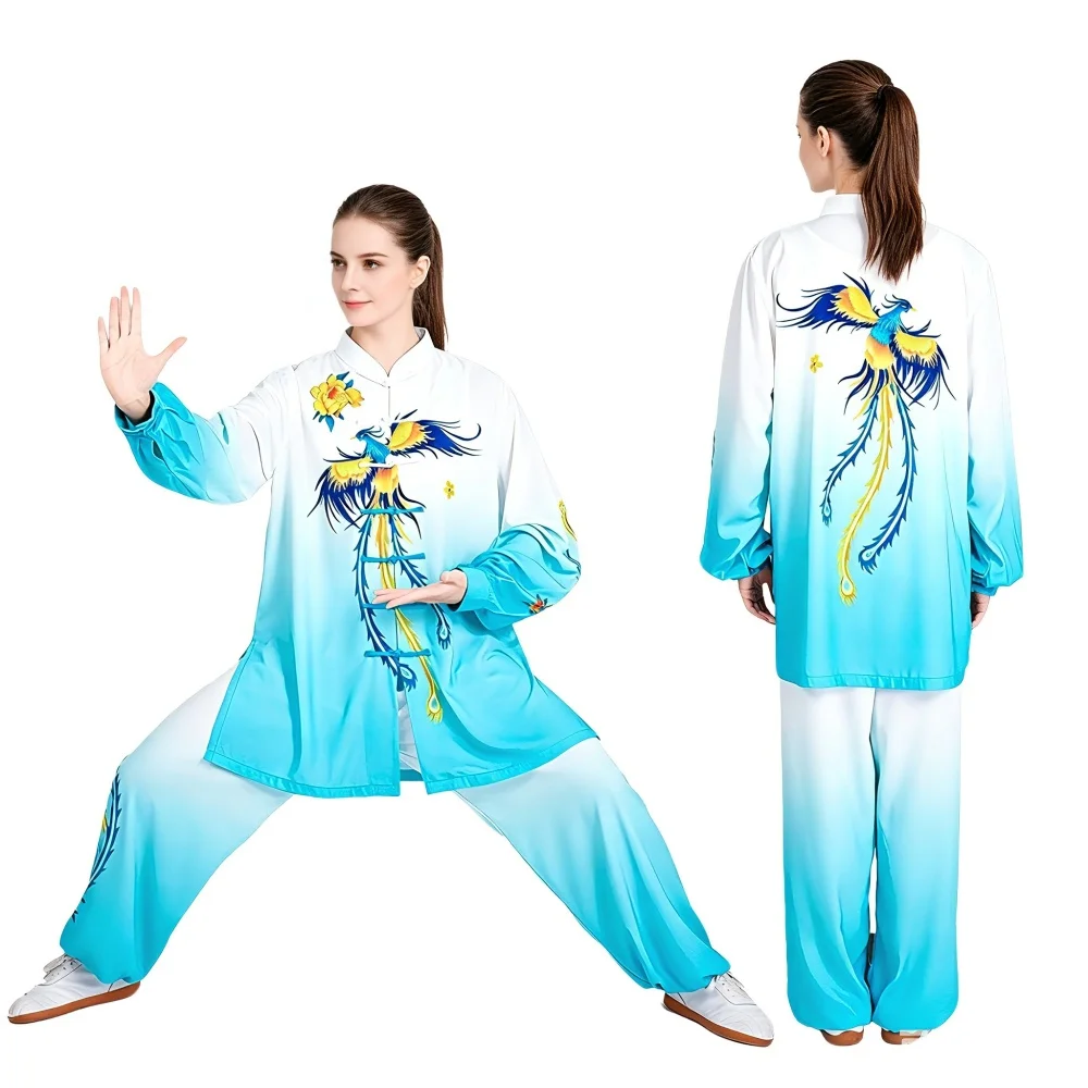 Dragon & Phoenix Gradient Tai Chi Uniform for Men Women Silk Linen Martial Arts Tai Chi Suit Wushu Performance Training Outfit