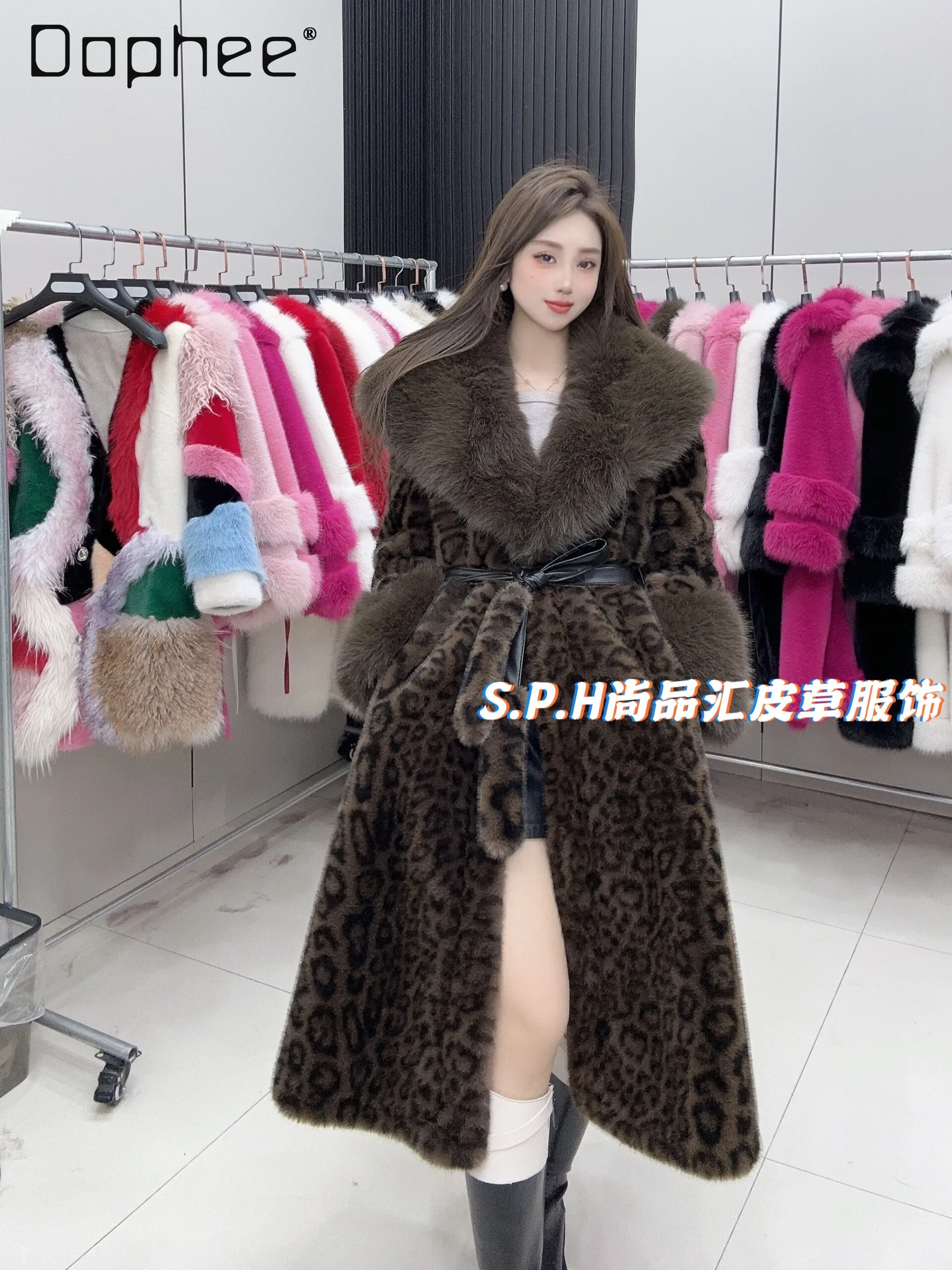 Extravagant Leopard Print Long Big Fur Collar European Mink Environmentally Friendly Hair Winter Warm High Waist Faux Fur Coat