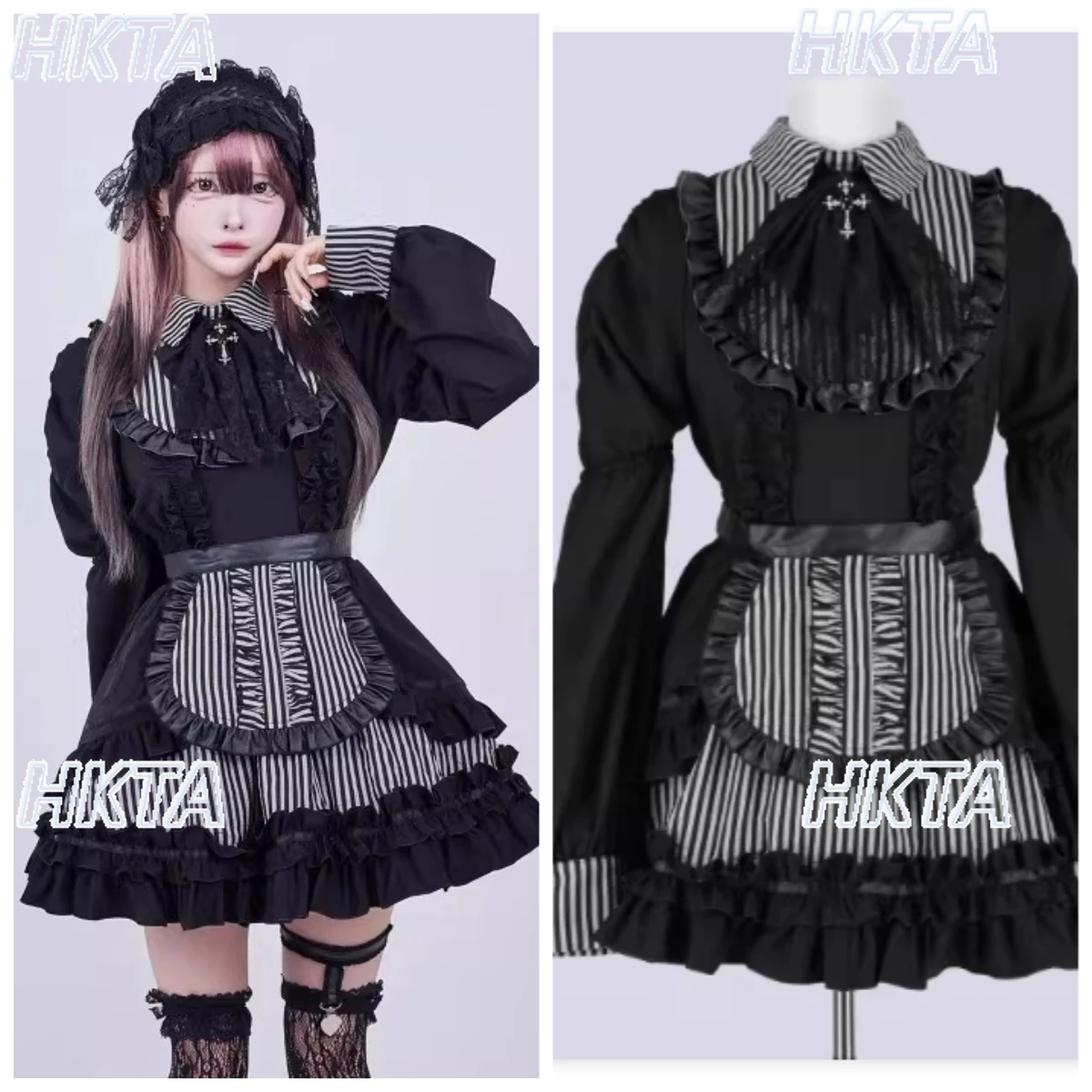 

Japanese Subculture Maid Outfit Dress 2026 Spring New Sweet Cute Lolita Gothic Black Striped Shirt Dress Apron Two-Piece Sets