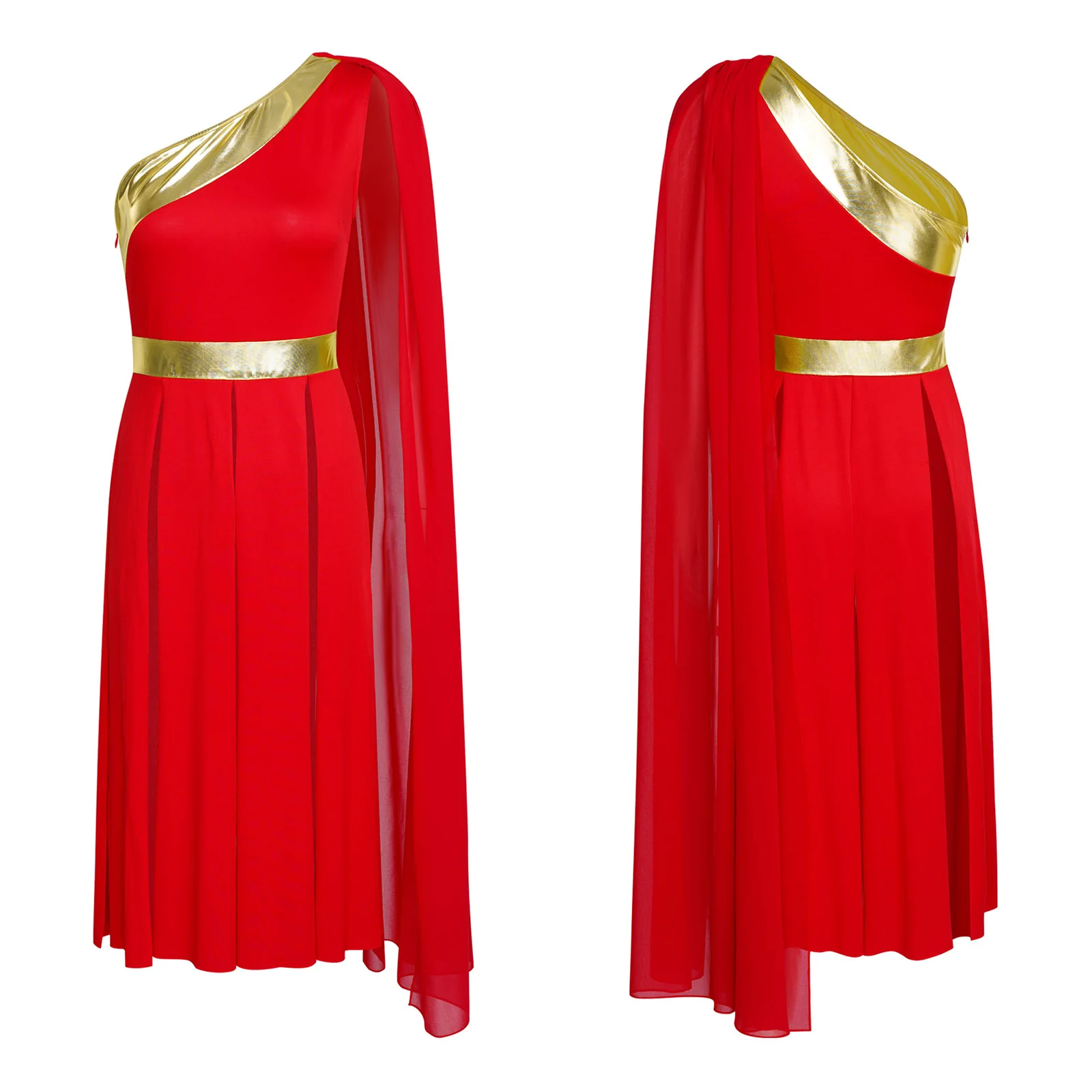 Lyrisches Anbetungskleid für Damen und Erwachsene, Lobpreis-Tanzkleid, eine Schulter mit drapiertem, ärmellosem Tunika-Kleid mit metallischem Schlitzsaum, Tanzkostüm