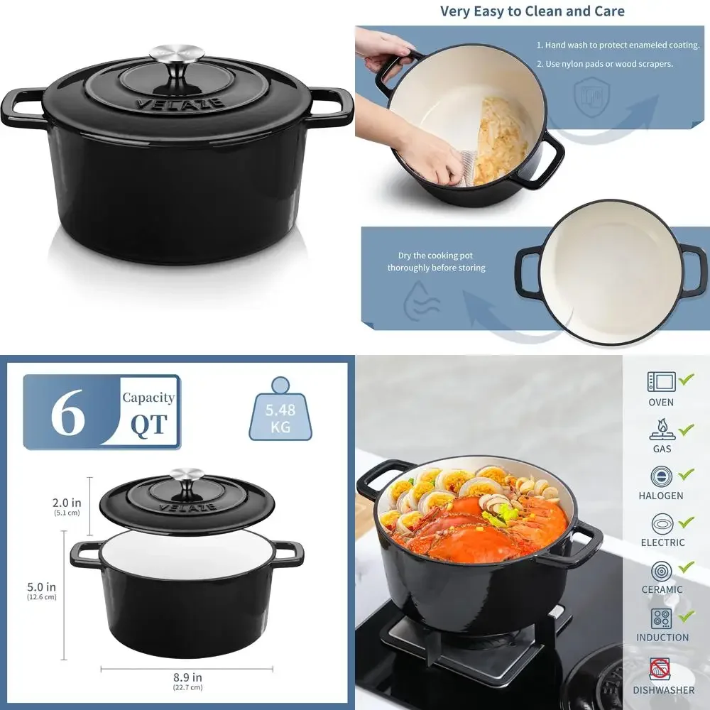 

Сверхмощная чугунная голландская духовка с антипригарным покрытием и двойными ручками, идеально подходит для выпечки хлеба - эмалированный круглый горшок с крышкой