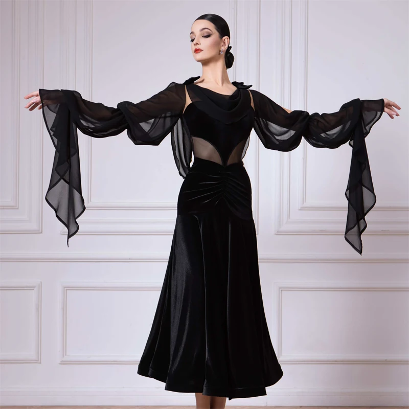 High-End Waltz Ballroom Dance Professional Dress Women Modern Dancing Dresses Adults Cutout Sleeves Latin Dance Costume SL11312