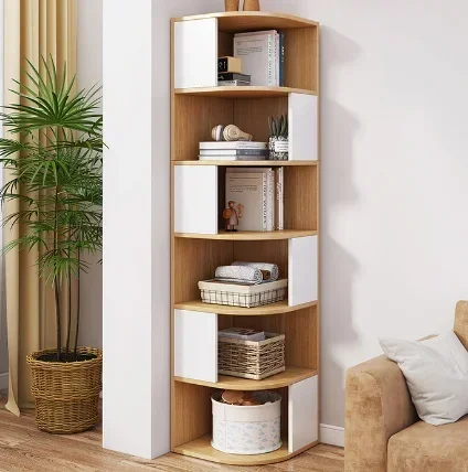Wood Corner Bookshelf, Nordic Style Modern Book Shelf Sturdy Standing Bookcase for Living Room/Bedroom/Office