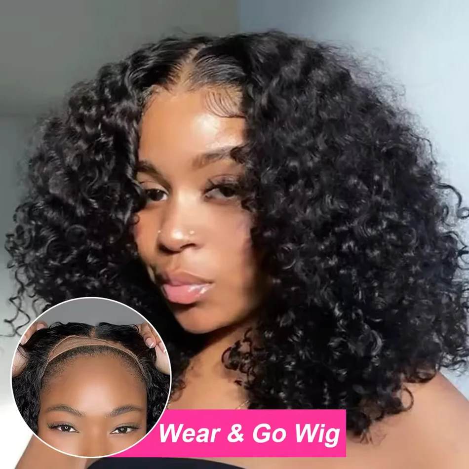 Wear And Go Water Wave Bob Lace Wig For Black Women Curly 13x4 Glueless 100% Human Hair Wig 4x4 Ready To Go Pre-Cut Lace Wig