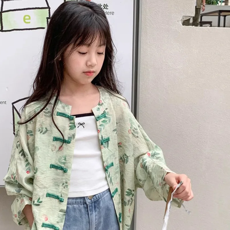 Baby Girl Top New Guofeng Children Sunscreen Shirt 2024 Summer New Long-sleeved Light Coat Medium Children Air-conditioned Shirt