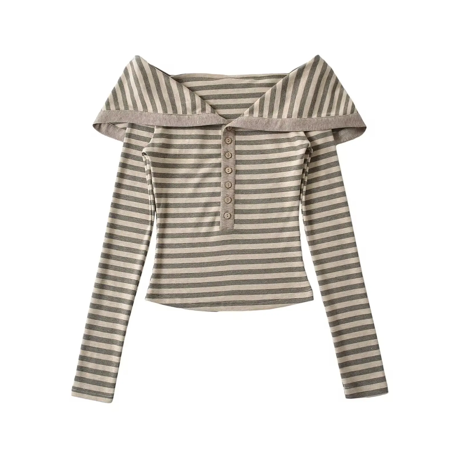 قميص نسائي بأكمام طويلة وتصميم مخطط ضيق، بياقة كبيرة وكتف واحد مع أزرار، أسلوب عصري وجذاب للشارع #2