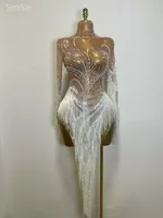 Vestido transparente sexi para mujer, brillante, con diamantes de imitación, perlas, lentejuelas, borla, noche, fiesta de cumpleaños, club nocturno, baile, cantante, traje de escenario