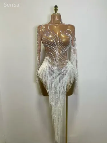 Vestido transparente sexi para mujer, brillante, con diamantes de imitación, perlas, lentejuelas, borla, noche, fiesta de cumpleaños, club nocturno, baile, cantante, traje de escenario