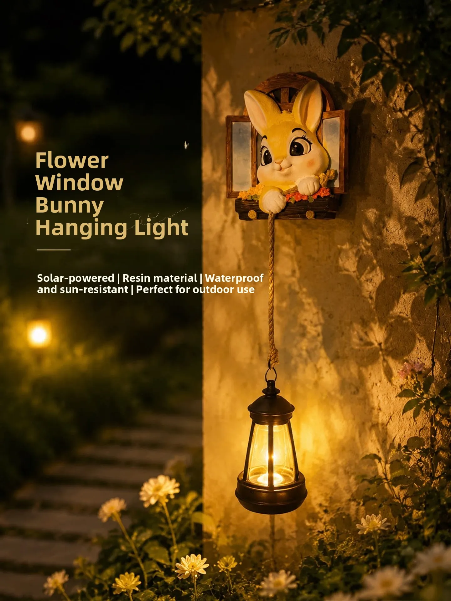 Solar Powered Resin Rabbit Decorative Garden Lantern Cute Animal Themed Outdoor Courtyard Night Light Flower Window Hanging O...