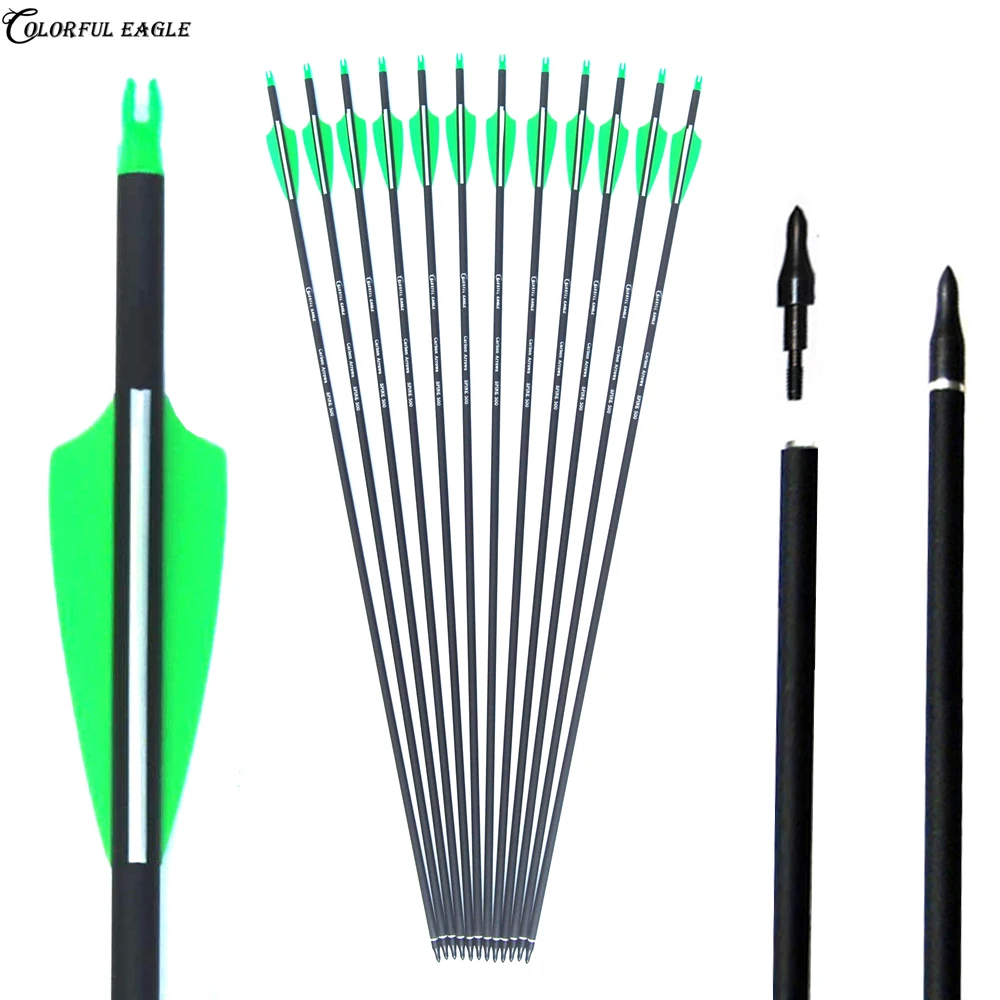 Archery Hunting Mixed Carbon Arrows 28/30/31inch Spine 500 Replaceable ArrowHead Bolts for Compound/Recurve Bow Hunting