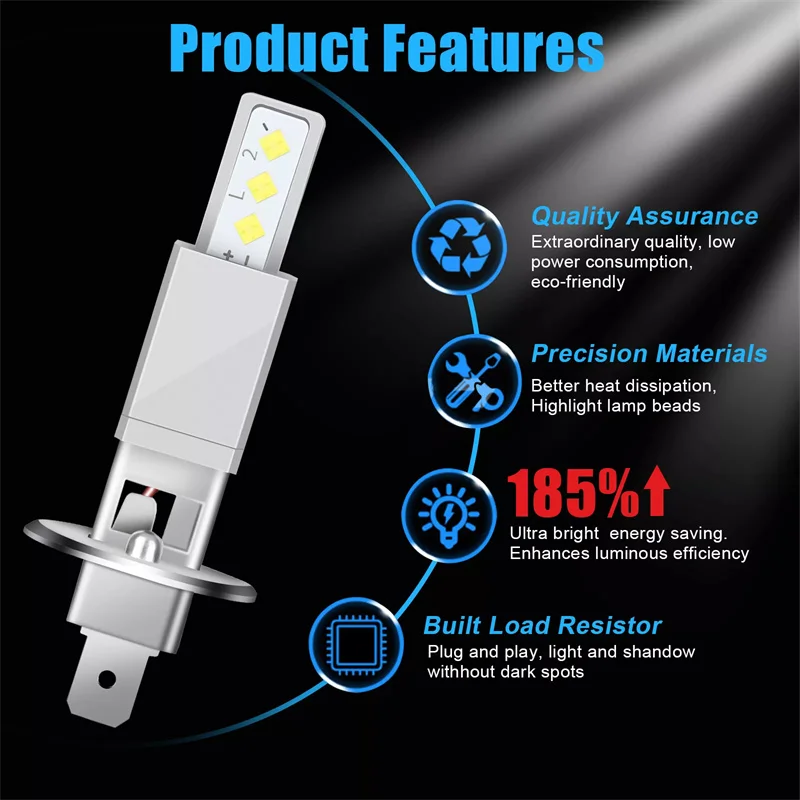 New 2Pcs 2000LM H1 LED Headlight Bulb Car Head Fog Light 6000K White 12V-24V Super Bright,plug And Play Fanless