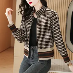 Korean Plaid Patchwork Loose Coats Female Clothing Long Sleeve Commute Spring Autumn Casual Stand Collar Fashion Zipper Jackets