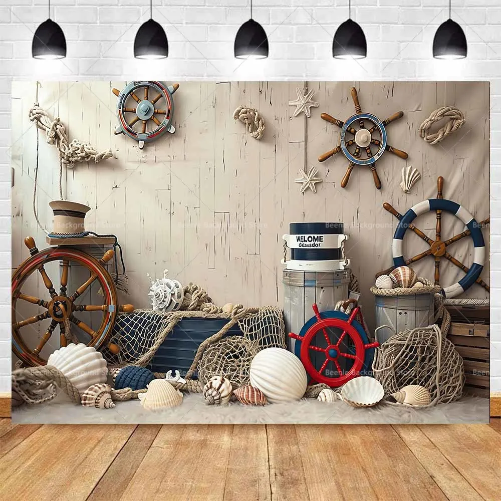 Beenle Marine Lighthouse Sailboat Background Baby Shower Decor Portrait Wood Board Rail Seaman Cake Smash Photography Backdrop