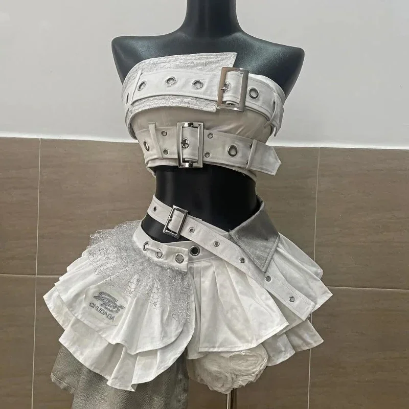 

Summer Gothic Punk Elegant Woman Suit Y2k 2025 Irregular Retro Strap Hollow Out Stitching Design 2 Piece Set Female ersdf2
