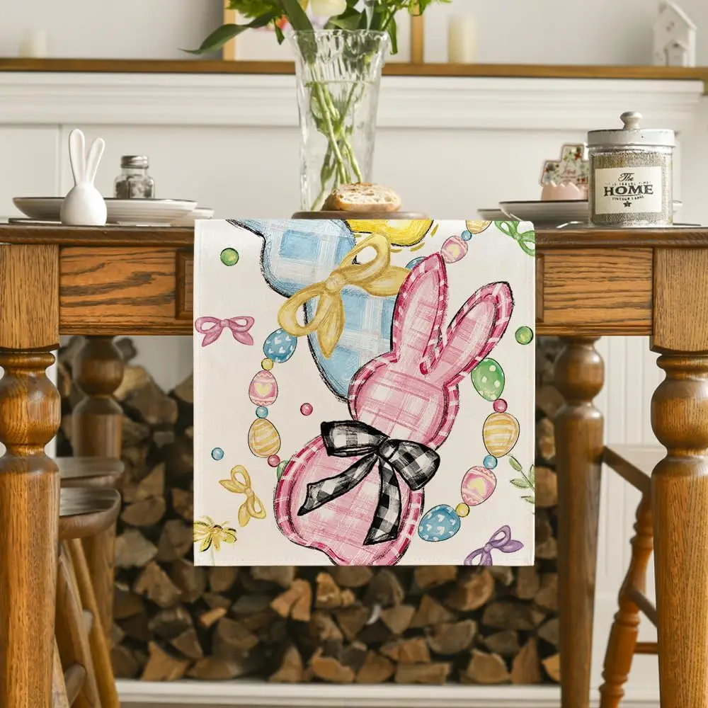 Easter Bunny Floral Bow Rabbits Eggs Linen Table Runner Party Decor Spring Farmhouse Kitchen Table Runner Easter Decorations