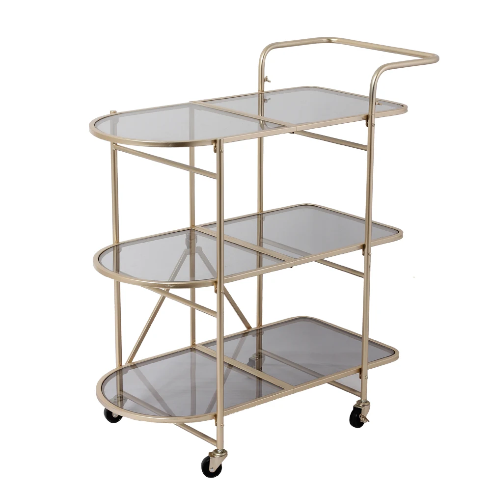 

Modern Folding Bar Carts Rolling Gold Luxury Metal Drinks Foods Wine Trolley for Hotel Home Dining Room