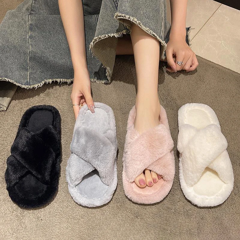 Casual Fluffy Slippers Women House Flats Plush Designer Platform Winter Shoes Girls Elegant Warm Home Fashion Popular Footwear