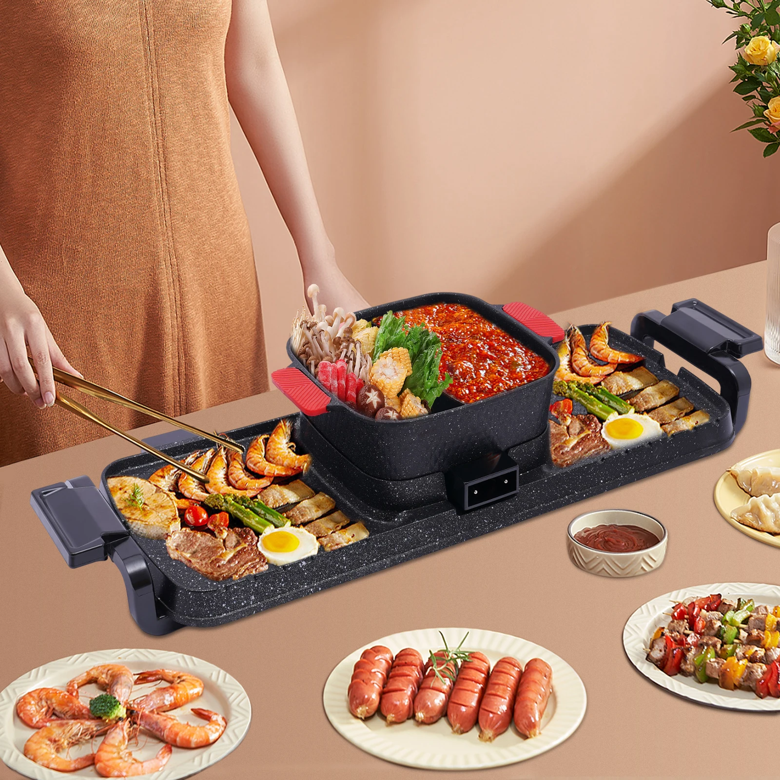 

2 in 1 Hot Pot BBQ Oven Smokeless Grill Hotpot Machine, Instant-boil, Deep-frying, Boiling 2200W Dual Temperature Control