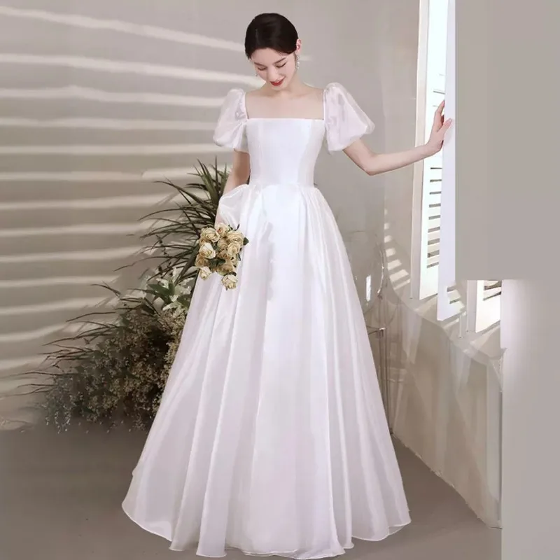 

2026 Women's New White Square Neck Light Wedding Dress and Evening Dress Fashionable and Slim Simple Banquet Toast Dress