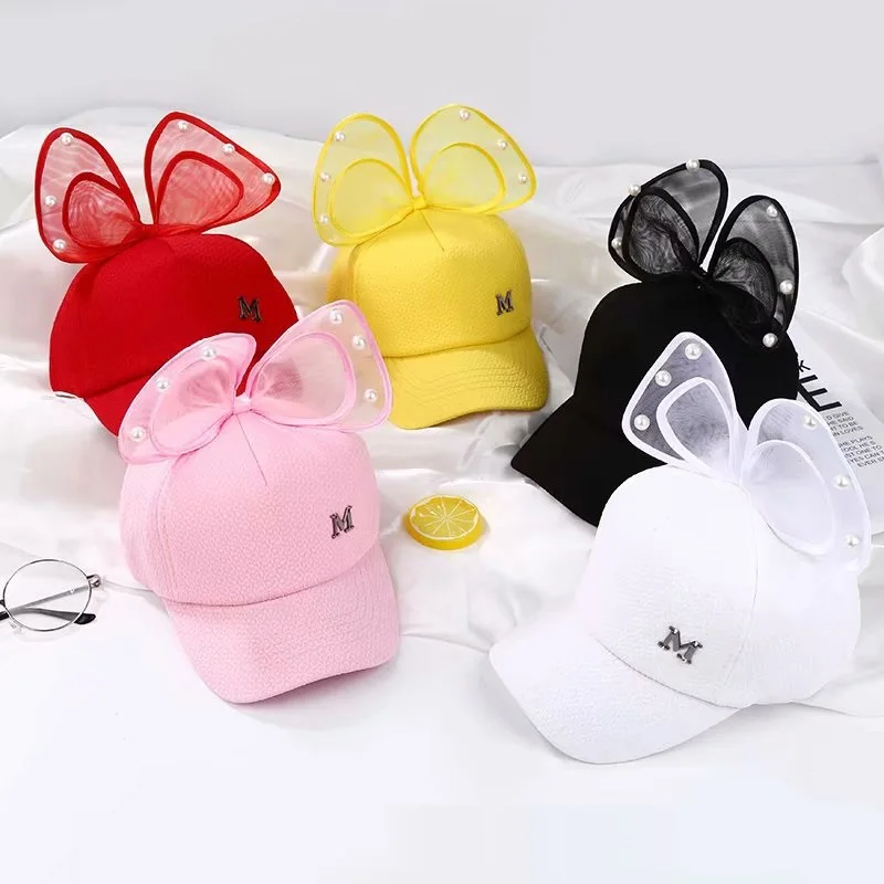 Kids girls cute M letter cartoon hats Summer child boy baby casual trucker hat Breathable mesh Animal Ear Baseball cap Pearl bow