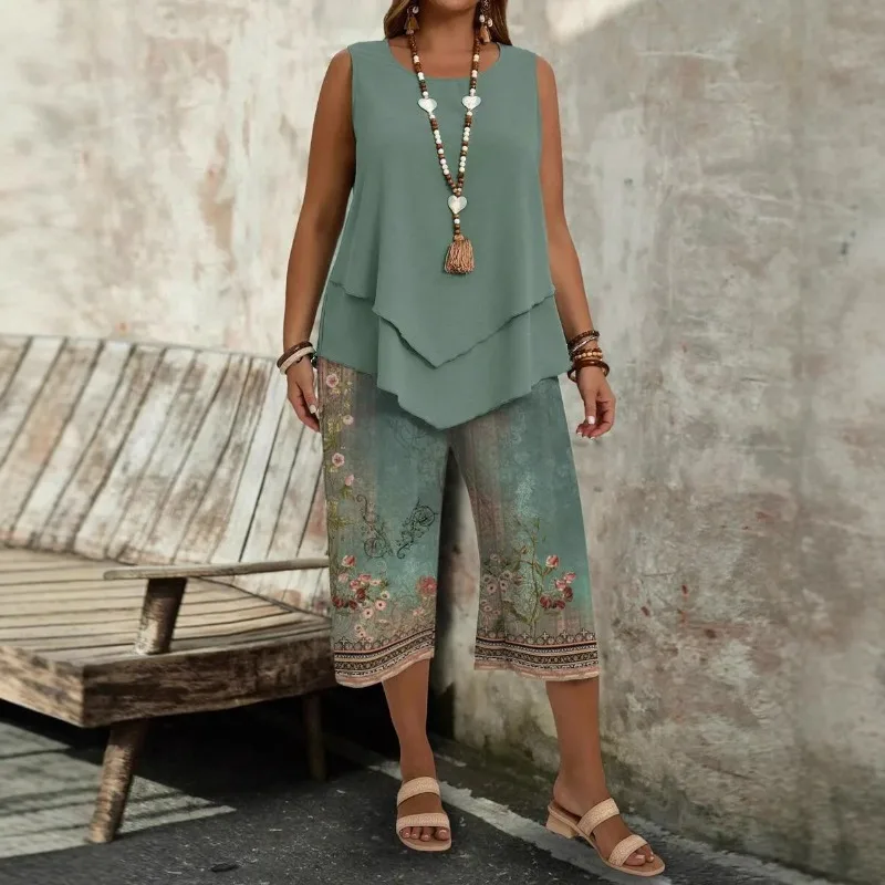 

Летний комплект из двух предметов больших размеров, женская одежда, модные зеленые топы без рукавов с оборками 2025, комплекты с широкими брюками, повседневные костюмы