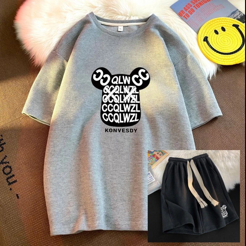 

Корейская версия спортивного костюма, мужской летний новый свободный топ, молодежные повседневные шорты с короткими рукавами, полный комплект из чистого хлопка