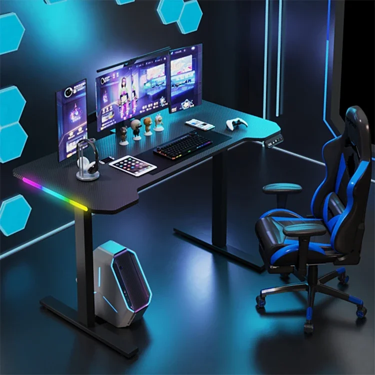 Ergonomic RGB LED Light Black PC Computer Table Smart Automatic Electric Height Adjustable Gaming Desk