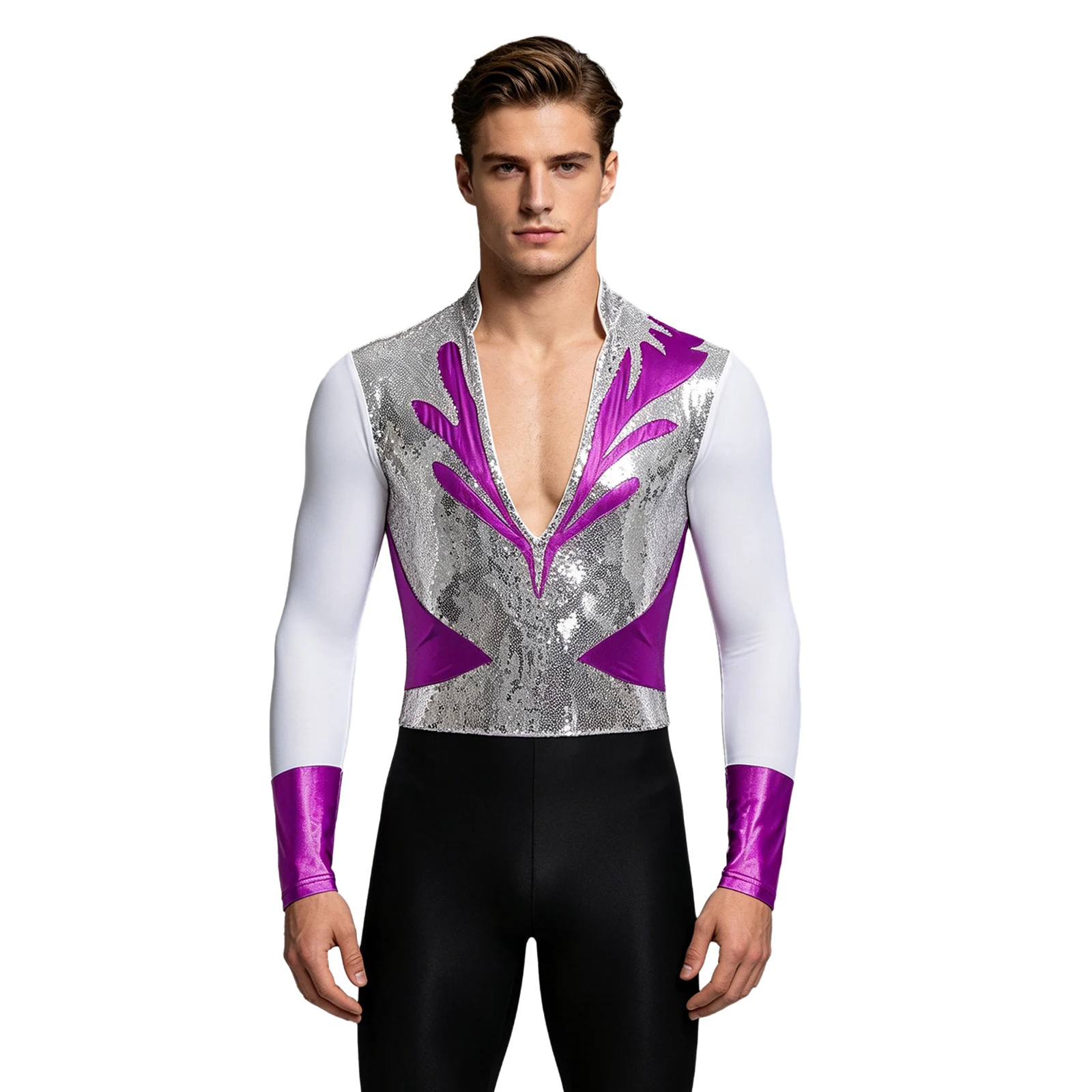Herren Gymnastik Latin Ballett Tanz Performance Eiskunstlauf Kostüm Glitzer Strass Mesh Trikot Overall Bodysuit Shirts – Detail 29