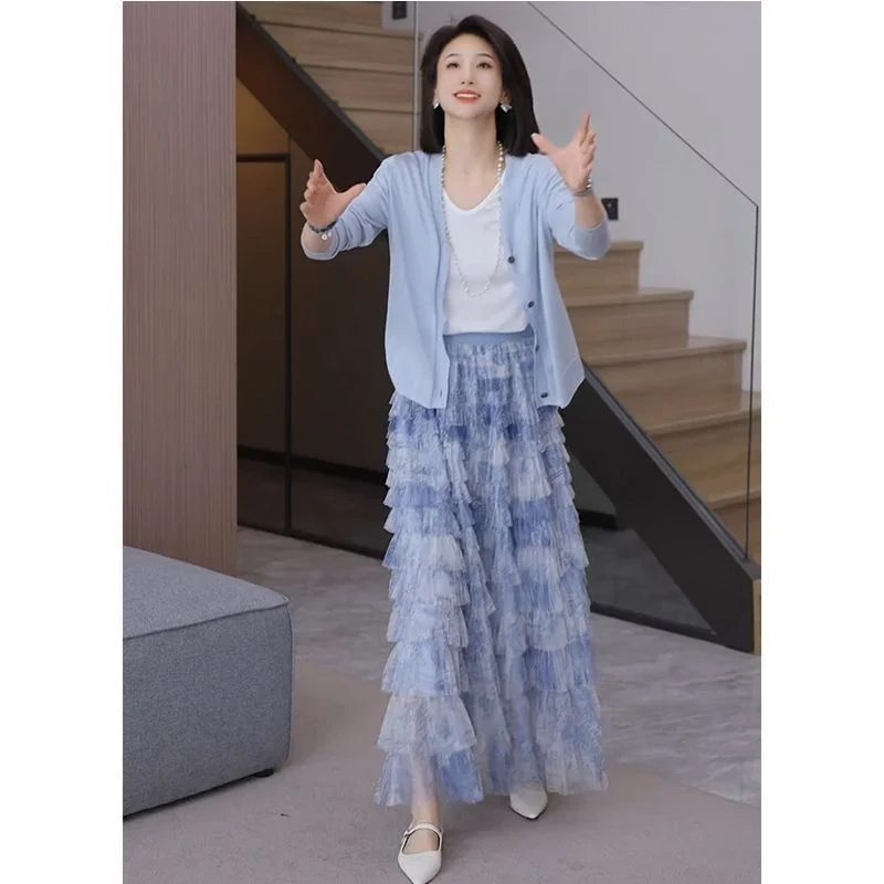 Spring Summer Knitted Long Sleeve Open Cardigan High Waist Dyed Mesh Cake Skirt Slimming Two Piece Set Casual Style Polyester...