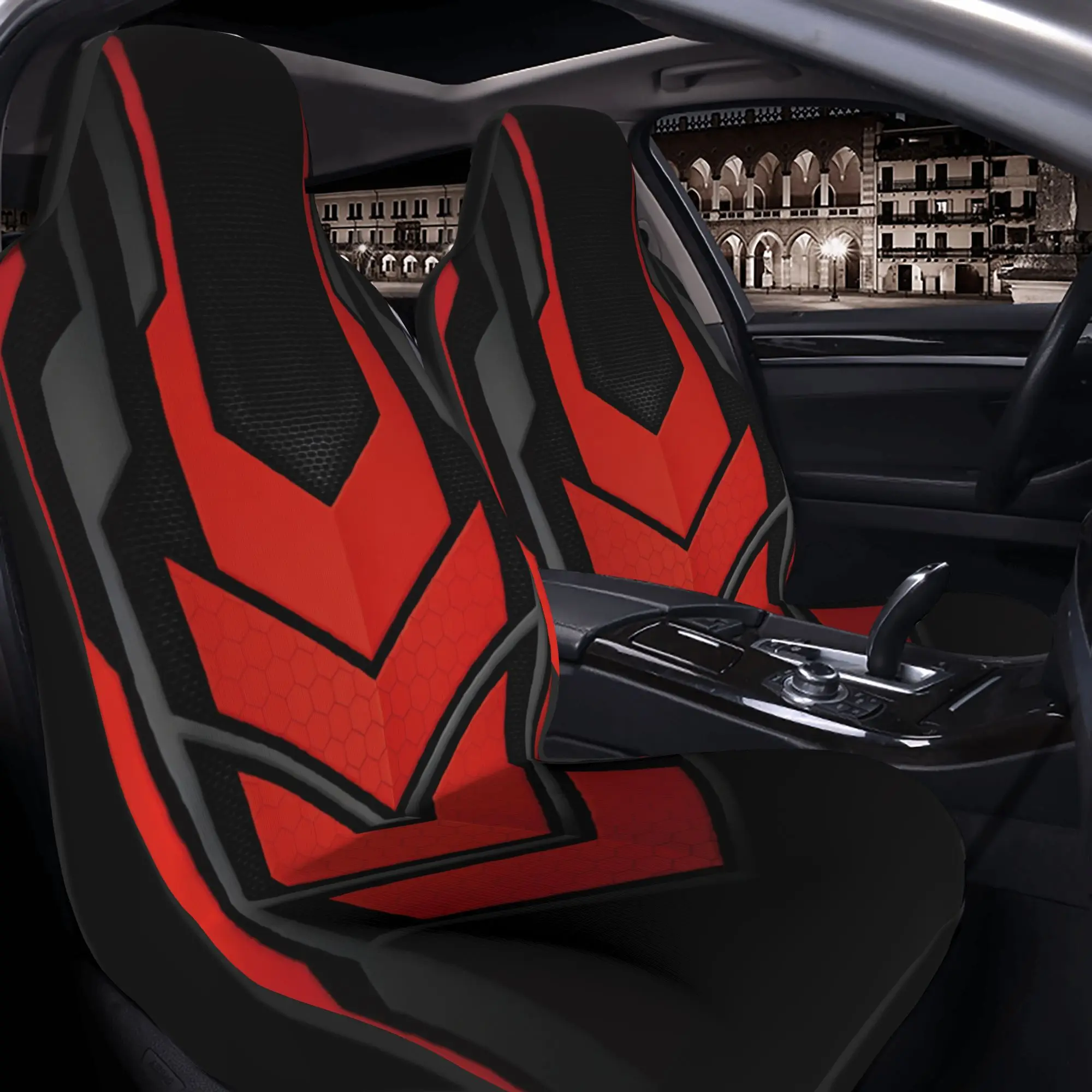 2pcs Red And Black Mecha Style Geometric Pattern Fashion Printed Car Seat Cover Universal Front Auto Seat Protector Breathable A