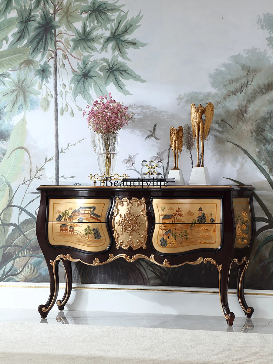 French Chinese Style Carved Painted Luxury Storage Decoration Entrance Cabinet European Style Multifunctional Cabinet