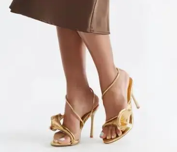 Summer Gold Black White 3D Flower Decor Metallic Slingback Stiletto Sandals Round Open Toe Narrow Band High Heel Sandals Women