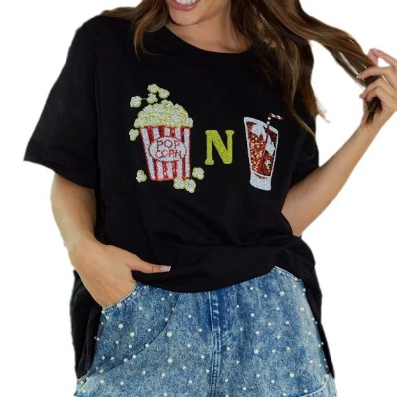 

Женская футболка с коротким рукавом, свободная футболка с принтом с блестками, лето 2024