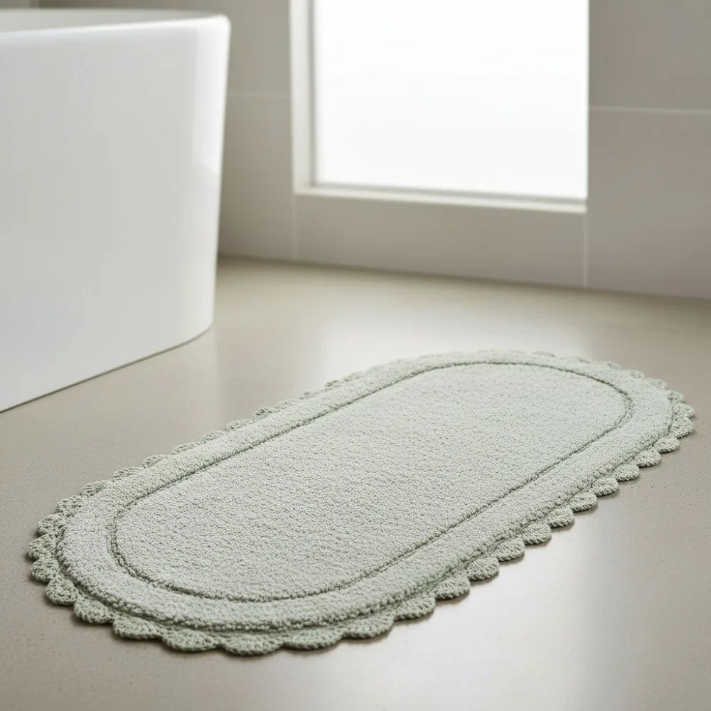 

Soft 100% Cotton Oval Bath Mat with Crochet Border, Absorbent & Skid-Resistant, Sea Foam 24x60 Bathroom Rug for Elegant Home