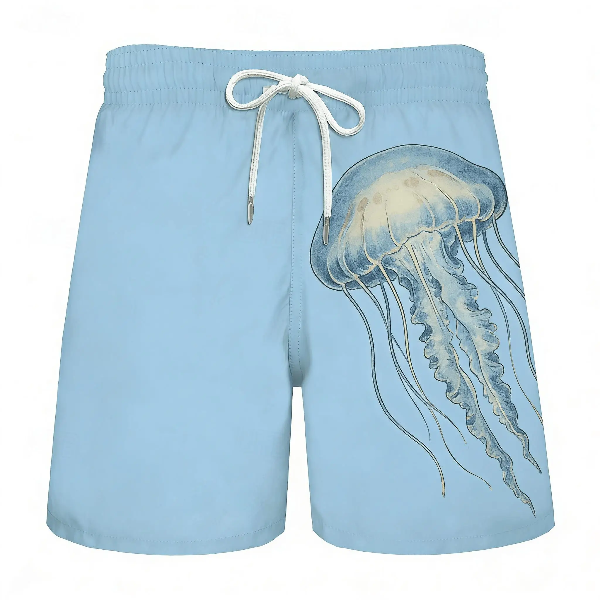 

Men's Light Blue Vintage Print Drawstring Shorts, Spring Summer Literary Ocean Casual Shorts, Loose Beach Shorts