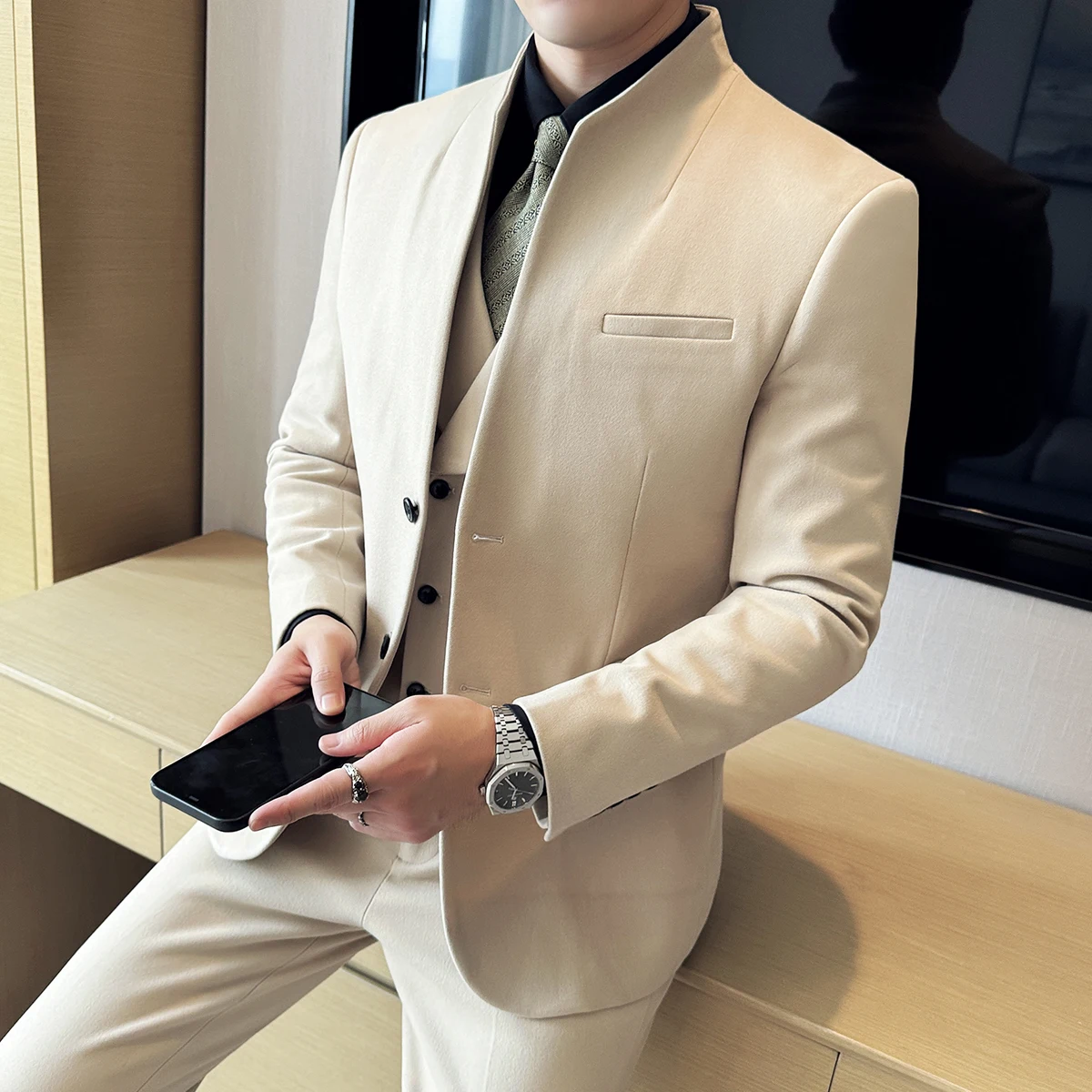 New Chinese Stand-up Collar Woolen Suit Autumn Winter Men\'s Business Casual Groom Wedding Slim Fit Suit Tuxedo 3-piece Set