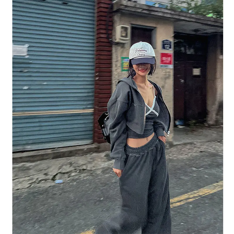 

ay Hooded Open Cardigan Sweatirt ort Jaet Women's Autumn Casual Faion Wide Leg Floor-Length Pants Set