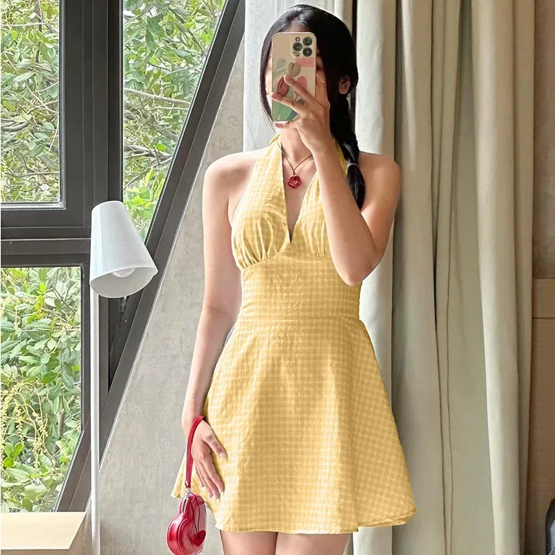 Sexy halter hanging neck plaid A pendulum dress women's summer new waist slim hot girl wind skirt