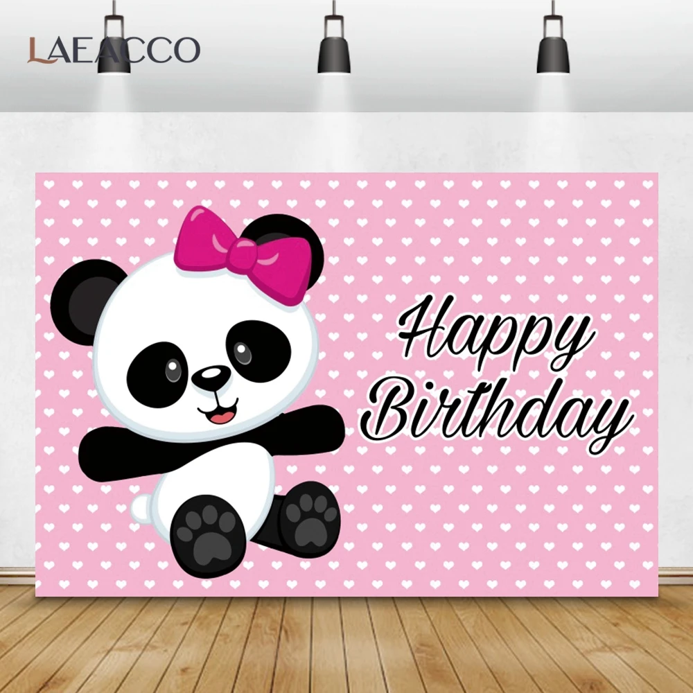 Laeacco Cartoon Style Custom Pink Heart Panda Baby Gril Happy Birthday Party Banner Photography Backdrop Photo Studio Decor Prop